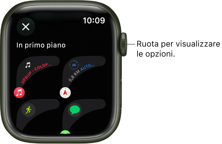 La schermata di personalizzazione con le complicazioni specifiche per quel tipo di quadrante. Ruota la Digital Crown per sfogliare le complicazioni.