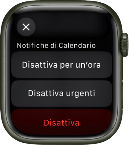 Impostazioni di notifica su Apple Watch. Sul pulsante in alto c’è scritto “Silenzioso per 1 ora”. Sotto ci sono i pulsanti “Disattiva urgenti” e Disattiva.