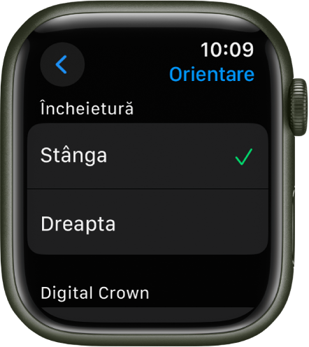 Ecranul Orientare pe Apple Watch Puteți configura preferințele pentru încheietură și Digital Crown.