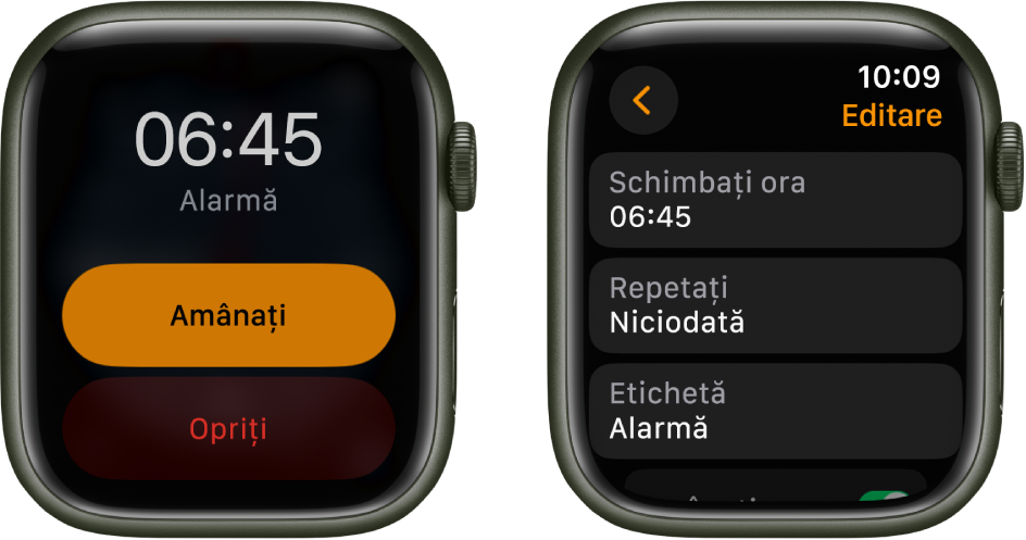 Două ecrane de ceas: Unul prezintă un cadran de ceas cu butoanele Amânați și Opriți, iar celălalt prezintă configurările Editați alarmă, având dedesubt butoanele Schimbați ora, Repetați și Etichetă. Comutatorul Amânați se află în partea de jos.