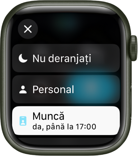 Lista Concentrare afișează modurile Nu deranjați, Personal și Muncă. Modul de concentrare Muncă este activ.