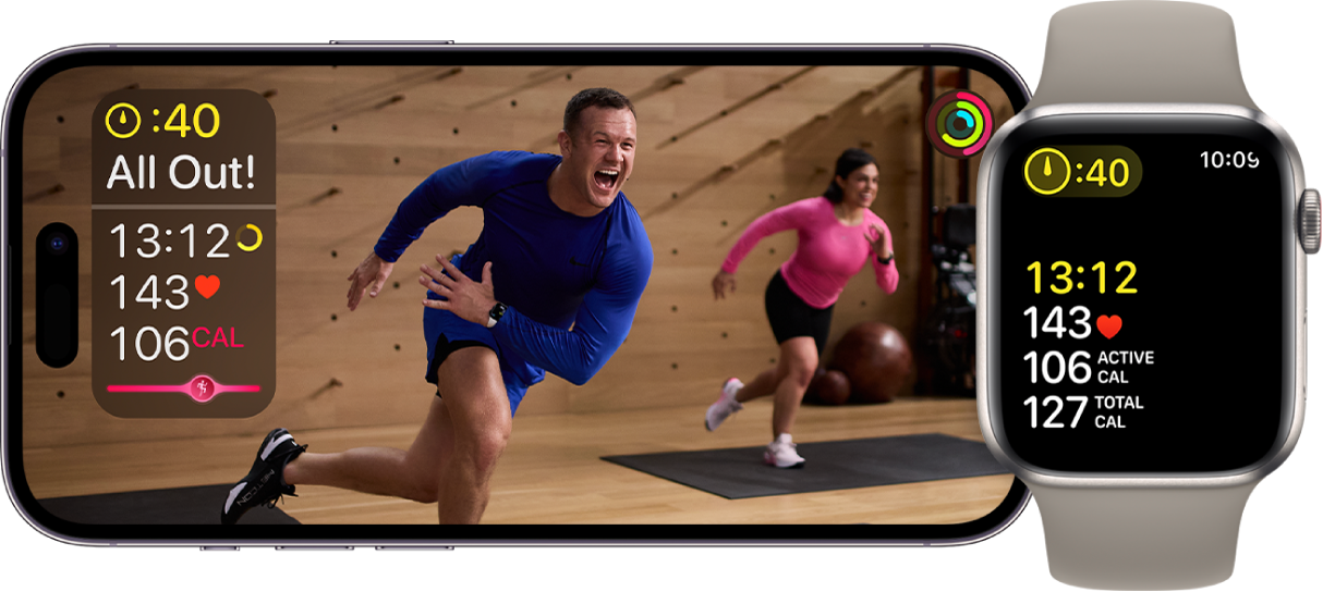 Vadba Fitness  na iPhone in Apple Watch, ki prikazuje preostali čas, srčni utrip in porabljene kalorije.