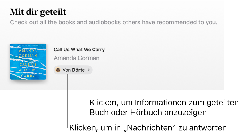 Ein Bildschirm mit einem Buch im Bereich „Mit dir geteilt“