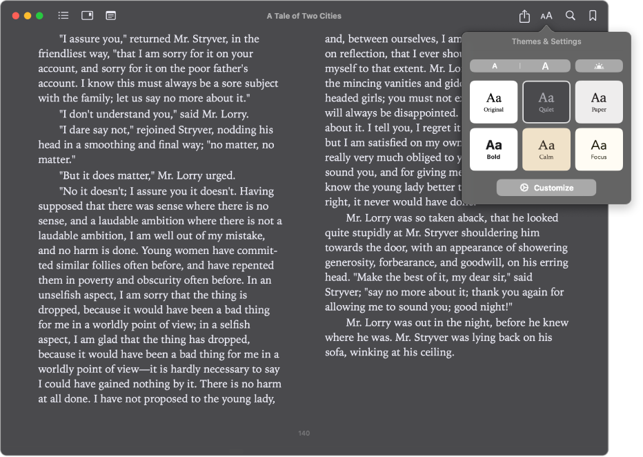 A book with a customized appearance and the Appearance menu showing the selected text size, background color, and font.