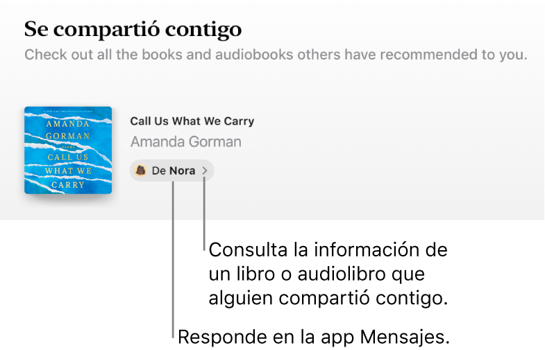 Una pantalla con un libro en la sección Compartido contigo.