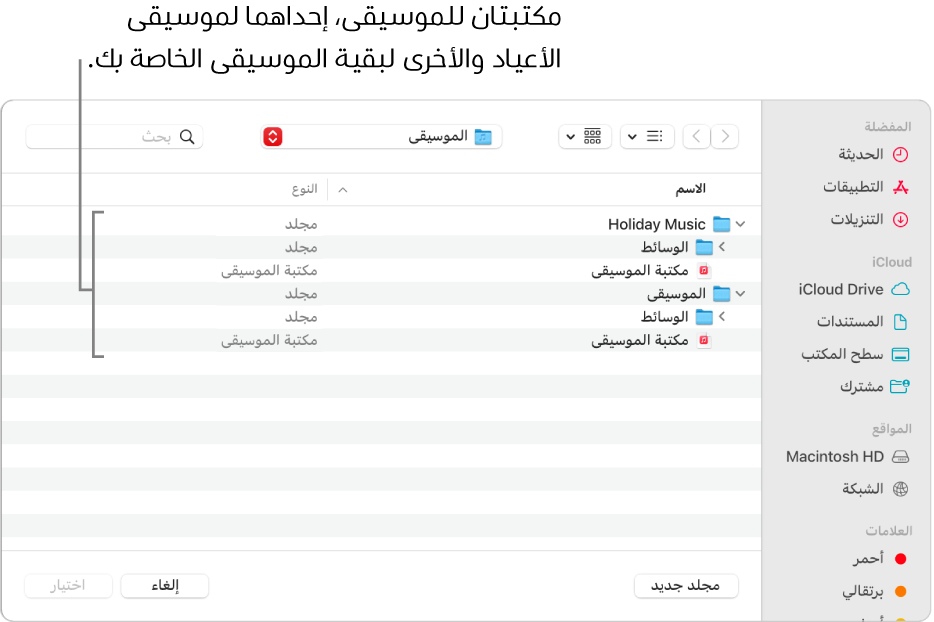 تعرض نافذة فايندر العديد من المكتبات—واحدة لموسيقى العطلات والأخرى لبقية الموسيقى.