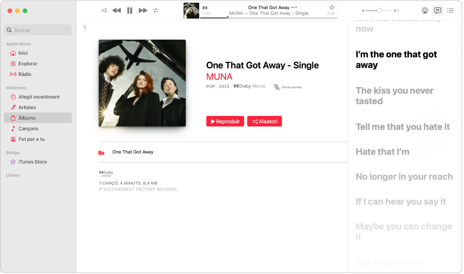 Una cançó que s’està reproduint amb la lletra a la dreta, que apareix a la pantalla sincronitzada amb la música.