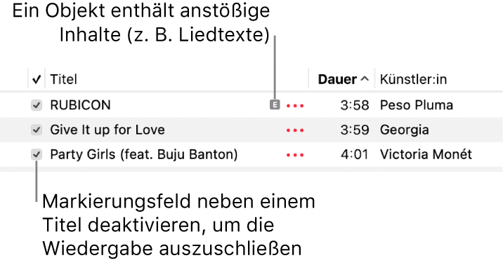 Details der Ansicht „Titel“ in der App „Musik“ mit Markierungsfeldern und einem Symbol für anstößige Inhalte beim ersten Titel (das anzeigt, dass der Titel anstößige Inhalte enthält, zum Beispiel in den Liedtexten). Durch Deaktivieren des Markierungsfelds neben einem Titel wird das Abspielen des Titels verhindert.