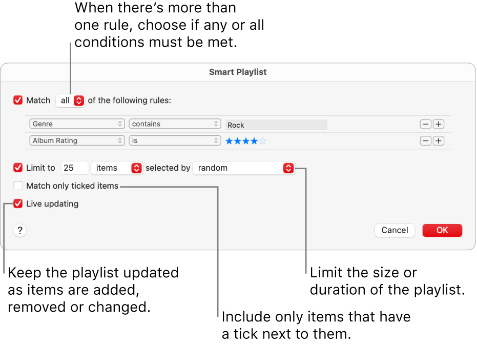 The Smart Playlist dialogue: In the top-left corner, select Match, then specify the playlist criteria (such as genre or rating). Continue to add or remove rules by clicking the Add or Remove button in the top-right corner. Select various options in the lower portion of the dialogue such as limiting the size or duration of the playlist, including only songs that are checked or having Music update the playlist as items in your library change.