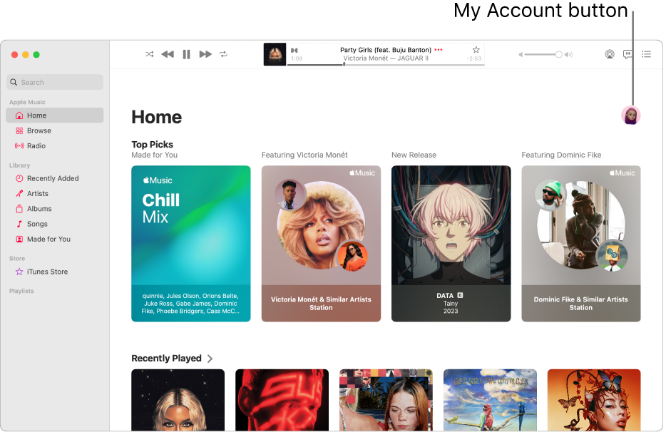 The Apple Music window showing the Home screen. The My Account button (which looks like a photo or monogram) is in the top-right corner of the window.