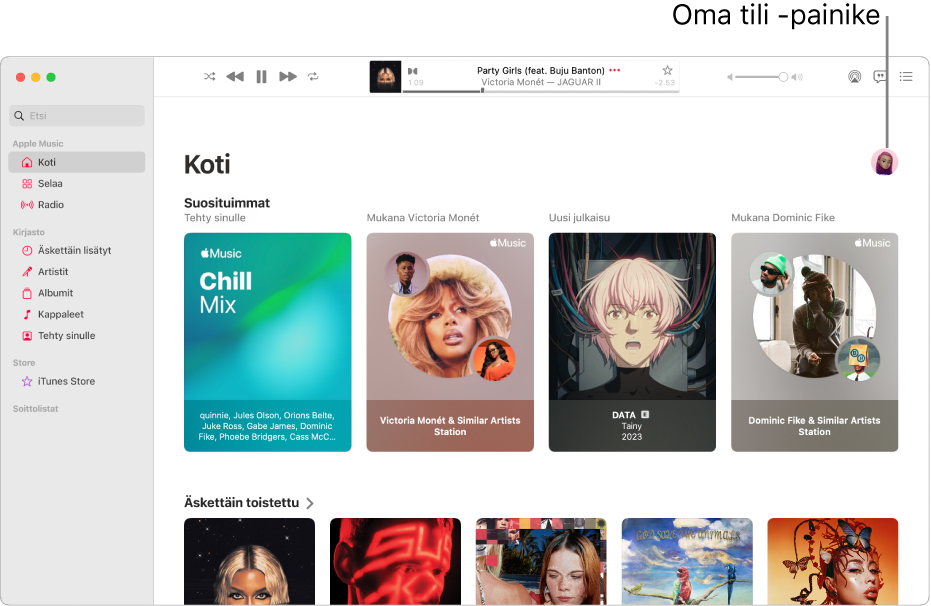 Apple Music ‑ikkuna, jossa näkyy Koti-valikko. Oman tilin painike (näyttää valokuvalta tai nimikirjaimilta) on ikkunan oikeassa yläkulmassa.