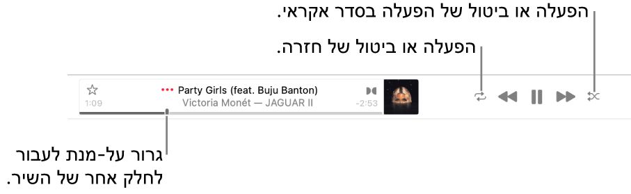 הבאנר עם שיר מתנגן. הכפתור ״סדר אקראי״ מופיע בפינה השמאלית העליונה; הכפתור ״חזרה״ מופיע בפינה הימנית העליונה. גרור/י את הסמן על ציר הזמן כדי לעבור לחלק אחר של השיר.