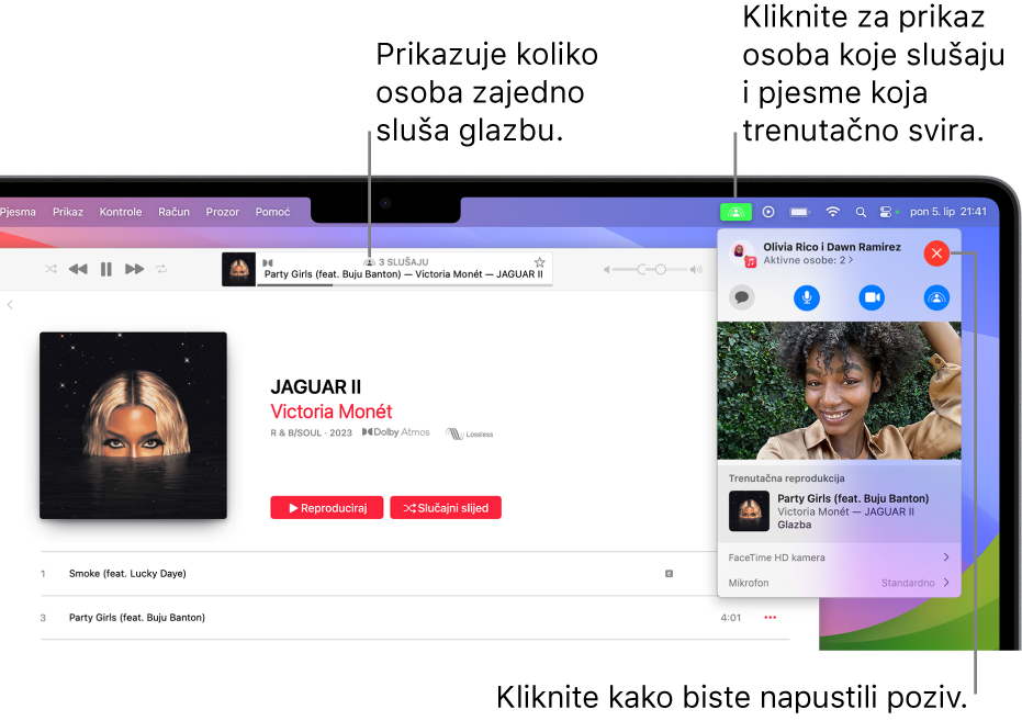 Prozor Apple Musica s pjesmo koja se reproducira dok se koristi SharePlay. Prozor reprodukcije prikazuje koliko osoba sluša glazbu zajedno. S desne strane klika se ikona SharePlay i možete vidjeti tko sluša te pjesmu koja se trenutačno reproducira. S desne strane možete kliknuti na tipku Zatvori.