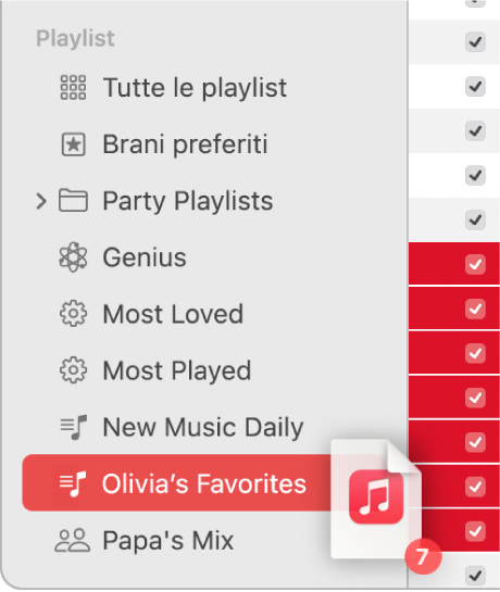 Un album che viene trascinato su una playlist. La playlist è evidenziata.