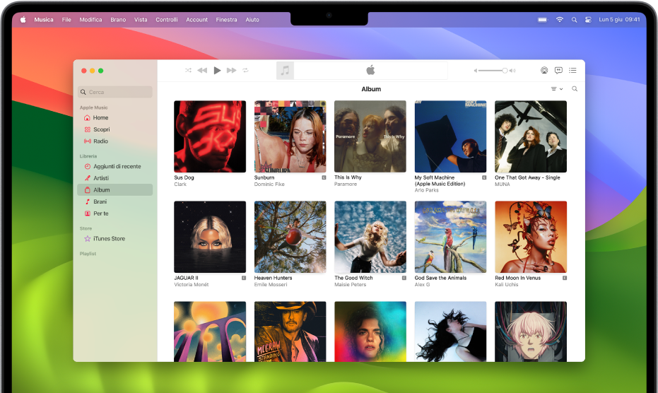 La finestra Apple Music con una libreria di album.