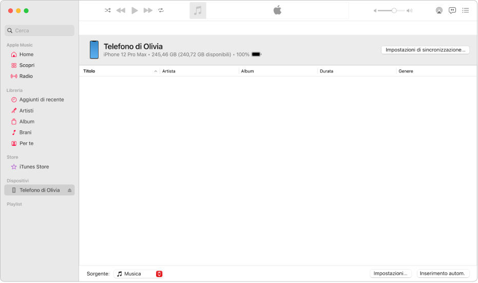 La finestra di Musica con un dispositivo (iPhone di Giulia) nella barra laterale. Il pulsante “Impostazioni di sincronizzazione” nell’angolo in alto a destra consente di aprire il Finder.