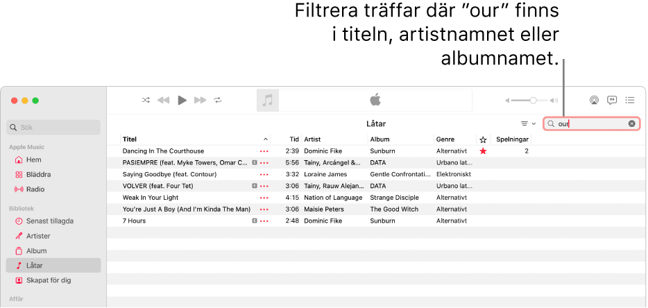 Musik-fönstret som visar listan med låtar som visas när ”love” anges i filterfältet i det övre högra hörnet. Låtarna i listan har ordet ”love” i låtens, artistens eller albumets namn.