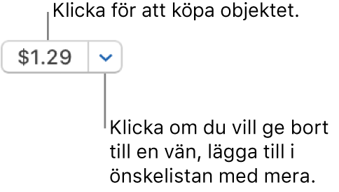 En knapp som visar priset. Klicka på priset för att köpa objektet. Klicka på pilen bredvid priset om du vill ge bort objektet till en vän eller lägga till det i önskelistan med mera.