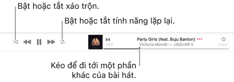 Biểu ngữ có bài hát đang phát. Nút Xáo trộn ở góc trên cùng bên trái; nút Lặp lại ở góc trên cùng bên phải. Kéo thanh thời gian để đi tới phần khác của bài hát.