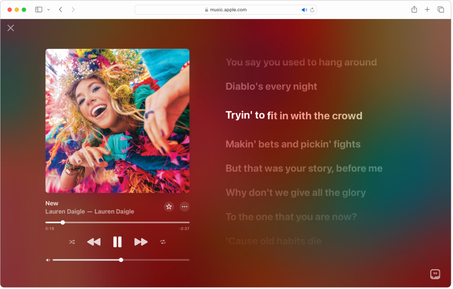 The Full Screen Player with a song playing and lyrics on the right, which appear onscreen in time with the music.