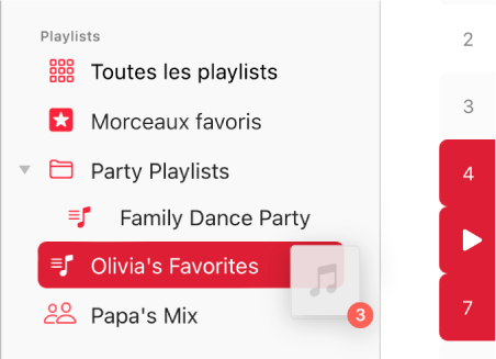 Des morceaux en train d’être déplacés vers une playlist. La playlist est mise en surbrillance.