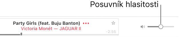 Posuvník na ovládanie hlasitosti v pravej hornej časti Apple Music.