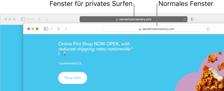 Ein privates Safari-Fenster mit einem dunklen intelligenten Suchfeld und ein normales Safari-Fenster mit seinem hellen intelligenten Suchfeld.