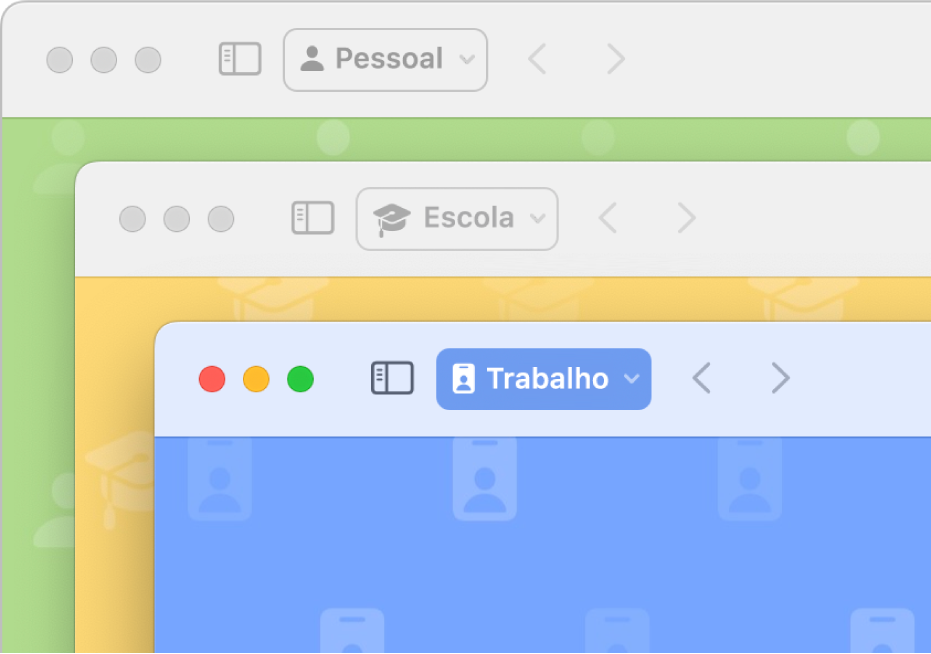 Três janelas de perfis do Safari: uma para uso pessoal, uma para a escola e uma para o trabalho.