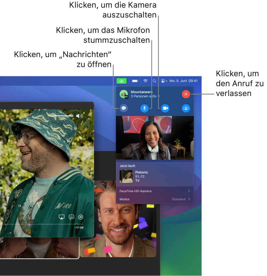 SharePlay-Steuerelemente, die in der Menüleiste angezeigt werden, einschließlich Tasten zum Öffnen der App „Nachrichten“, zum Stummschalten deines Mikrofons, zum Deaktivieren deiner Kamera und zum Verlassen des Anrufs.