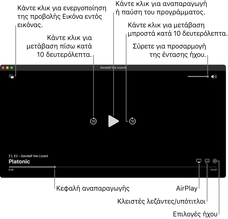 Στοιχεία ελέγχου αναπαραγωγής στο παράθυρο προβολής, με κουμπιά για αναπαραγωγή ή παύση, μετάβαση μπροστά ή πίσω και προσαρμογή έντασης ήχου