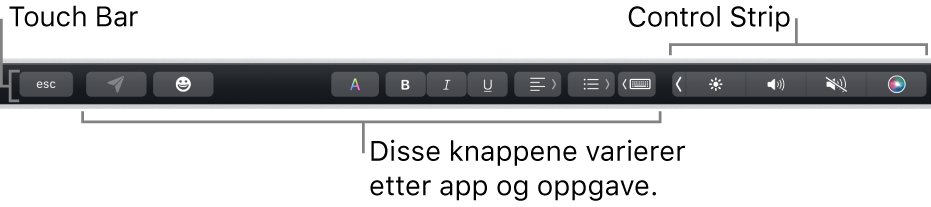 Touch Bar langs toppen av tastaturet, som viser minimert Control Strip til høyre og knapper som varierer avhengig av app og oppgave.