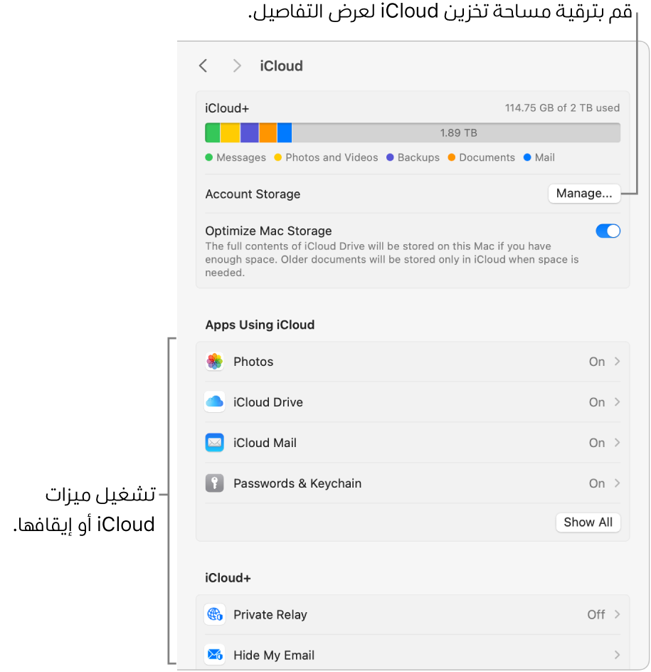 إعدادات iCloud مع جميع الميزات مشغَّلة.