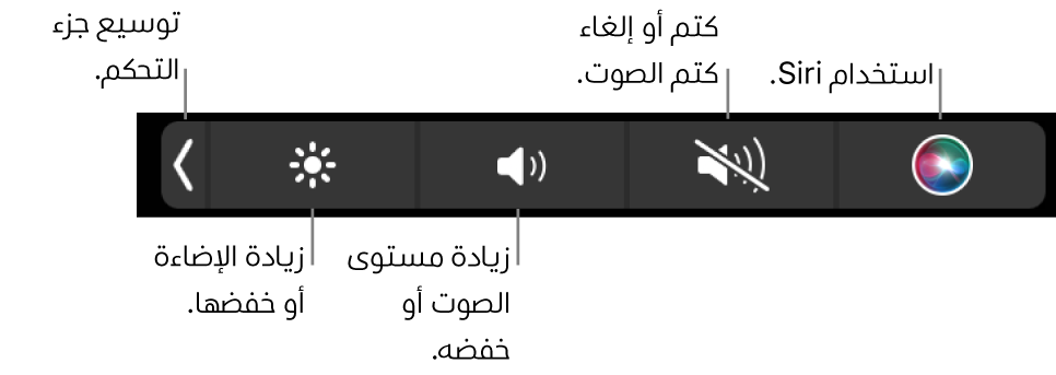 يتضمن Control Strip المطوي أزرارًا—من اليسار إلى اليمين—لتوسيع Control Strip وزيادة أو خفض إضاءة شاشة العرض ومستوى الصوت وكتم أو إلغاء كتم الصوت واستخدام Siri.