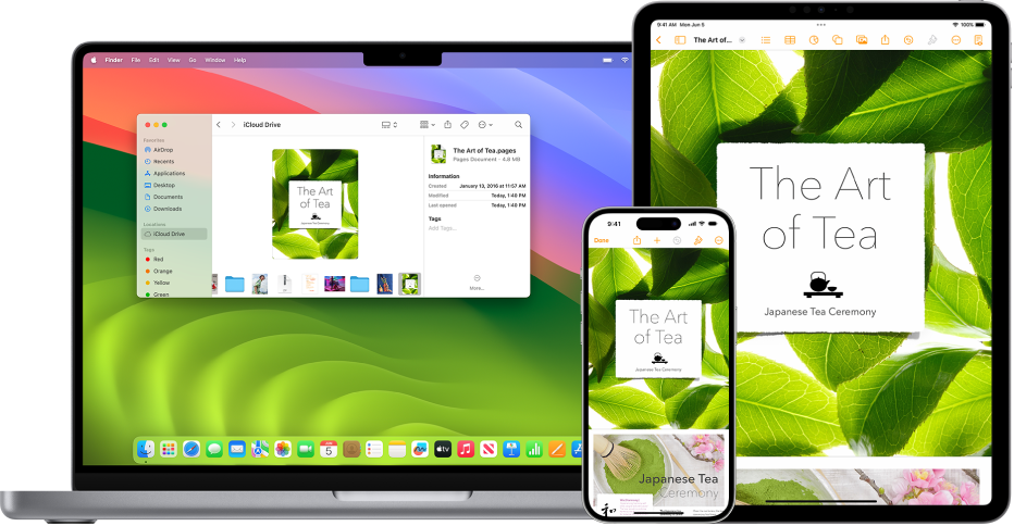 Apareix el mateix document del Pages a l’iCloud Drive en una finestra del Finder del Mac i al Pages d’un iPhone i un iPad.