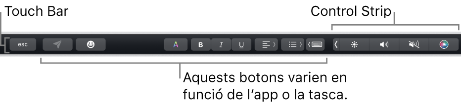 La Touch Bar, situada a la part superior del teclat, amb botons que varien segons l’app o la tasca, a l’esquerra, i la Control Strip contreta, a la dreta.