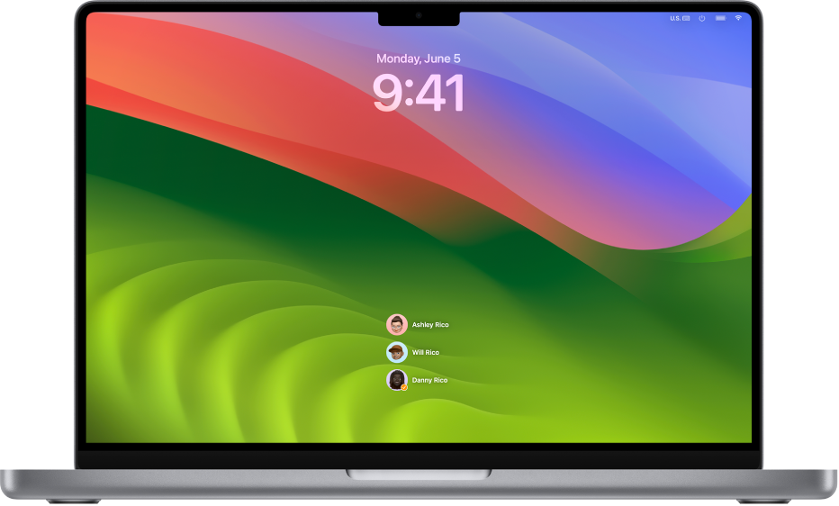 Plocha Macu, na níž je vidět uzamčená obrazovka se třemi uživatelskými účty u dolního okraje