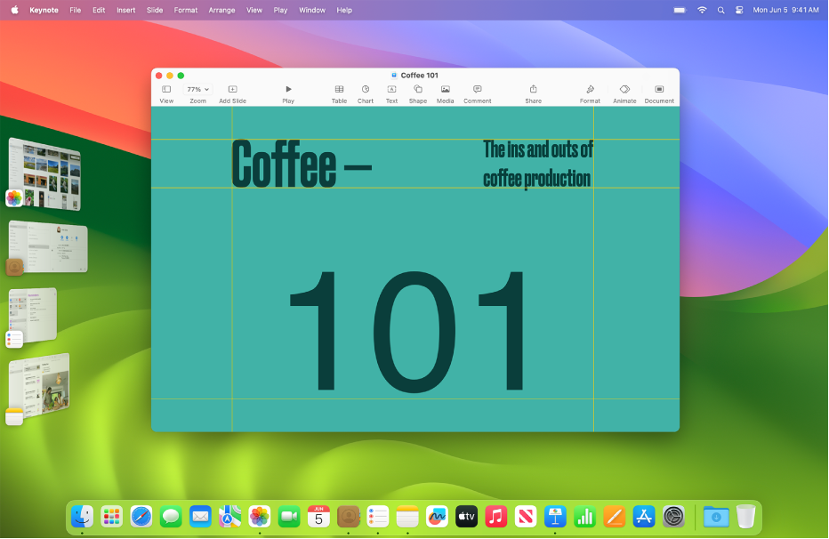 Obrazovka s oknem Keynote uprostřed a dalšími otevřenými aplikacemi rozmístěnými po levé straně pomocí Stage Manageru