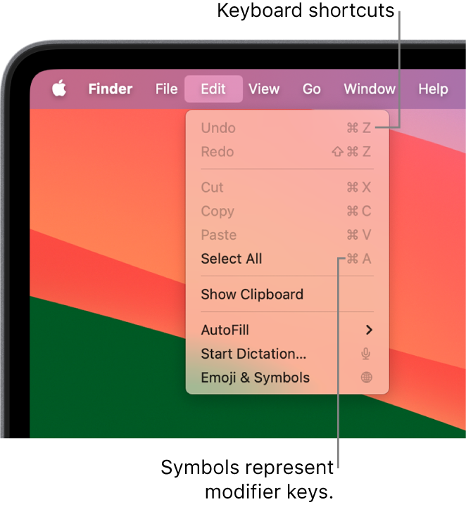 The Edit menu is open in the Finder; keyboard shortcuts appear next to menu items.