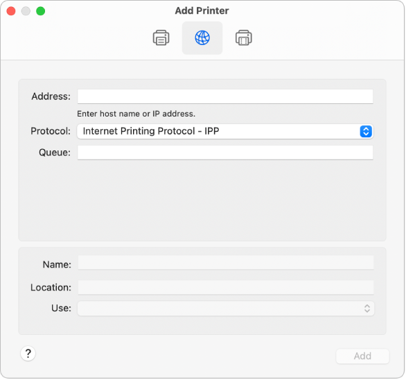 The Add Printer dialog showing the IP options for setting up an printer using the IP protocol.