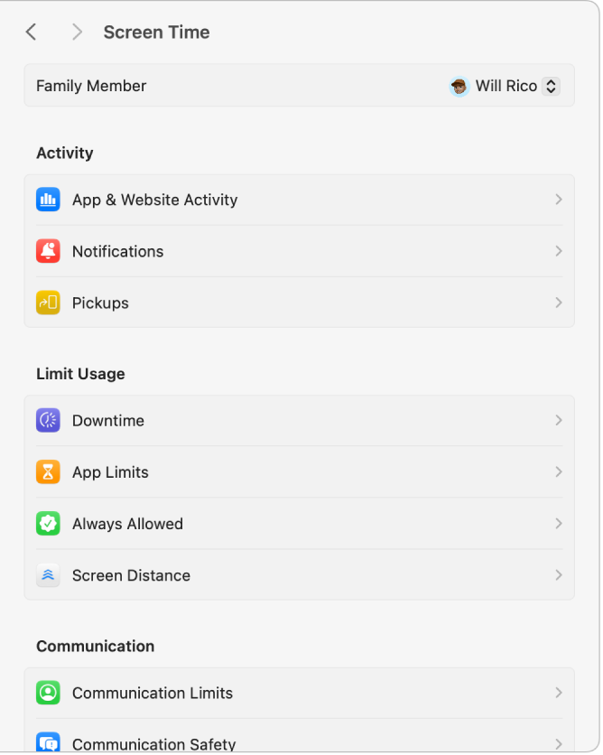 Screen Time settings with a child chosen from the Family Member pop-up menu and Screen Time turned on.