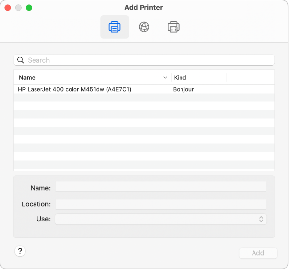 The Add Printer dialog showing the default options for selecting a printer and adding a name, location, and the Use pop-up menu for choosing the printer type.