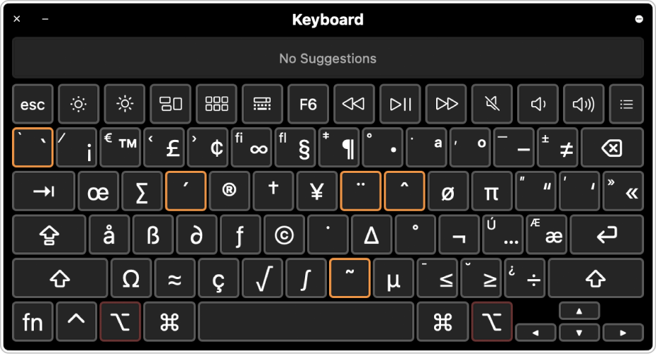 El Visor de Teclado con la disposición ABC mostrando cinco teclas muertas resaltadas.