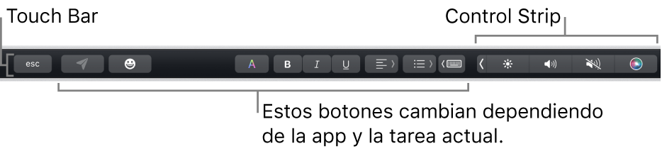 Touch Bar en la parte superior del teclado, mostrando en la izquierda botones que varían según la app o la tarea y, en la derecha, la Control Strip contraída.