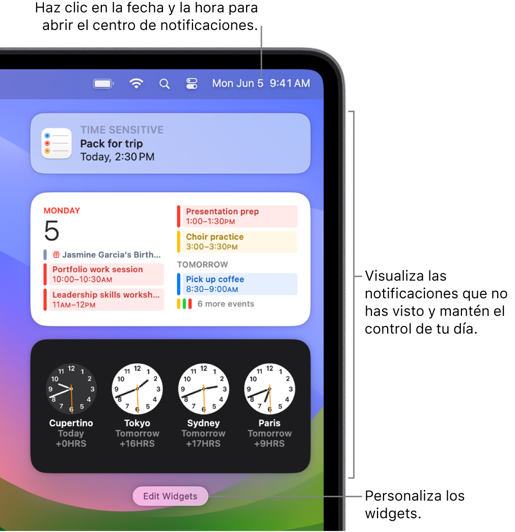 Notificaciones y widgets en el centro de notificaciones.