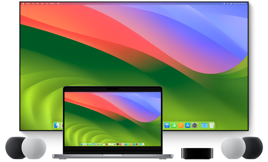 Un ordinateur Mac et les autres appareils auxquels il peut diffuser du contenu via AirPlay, par exemple, une Apple TV, deux haut-parleurs HomePod mini et un téléviseur intelligent.