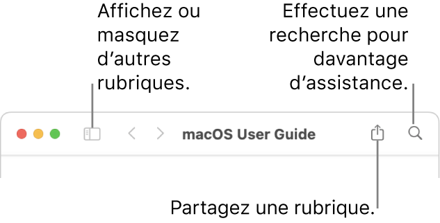 La fenêtre d’aide avec les boutons dans la barre d’outils qui permet de masquer ou d’afficher la table des matières et de partager une rubrique et le champ de recherche qui permet de rechercher des rubriques.