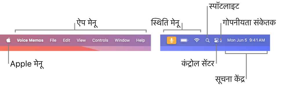 मेनू बार। बाएँ ओर Apple मेनू और ऐप मेनू हैं। दाईं ओर स्थिति मेनू, Spotlight, कंट्रोल सेंटर, गोपनीयता संकेतक और सूचना केंद्र स्थित हैं।