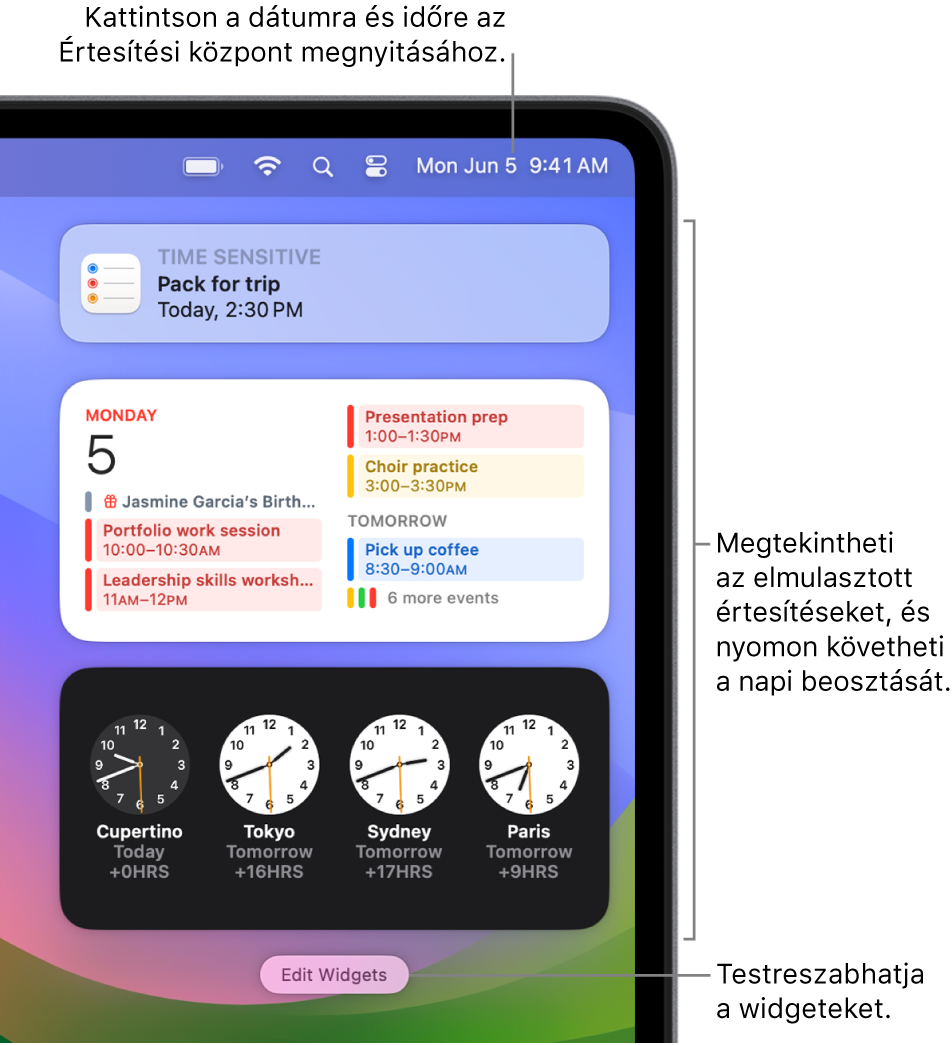 Értesítések és widgetek az Értesítési központban.