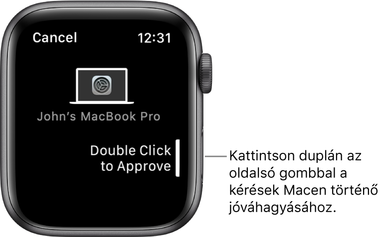 Egy Apple Watch, amelyen egy MacBook Pro által küldött elfogadási kérelem látható.