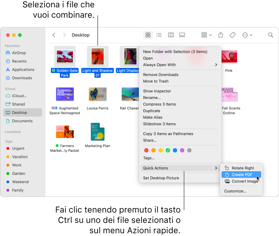 Una finestra del Finder con file e cartelle in cui sono selezionati tre file e “Crea PDF” evidenziato nel menu delle azioni rapide.